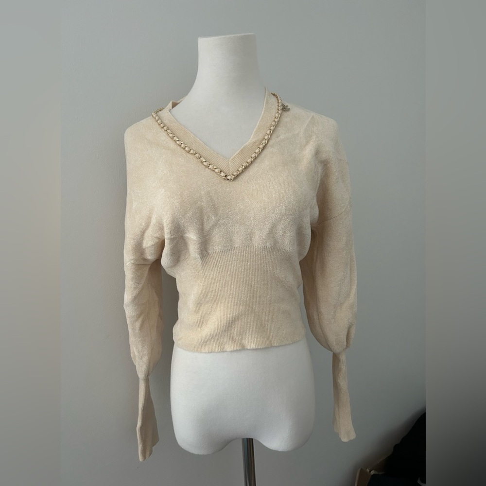 Elisabetta Franchi Cream V Neck Sweater Pearl Trim Long Sleeve Knit Size 40
